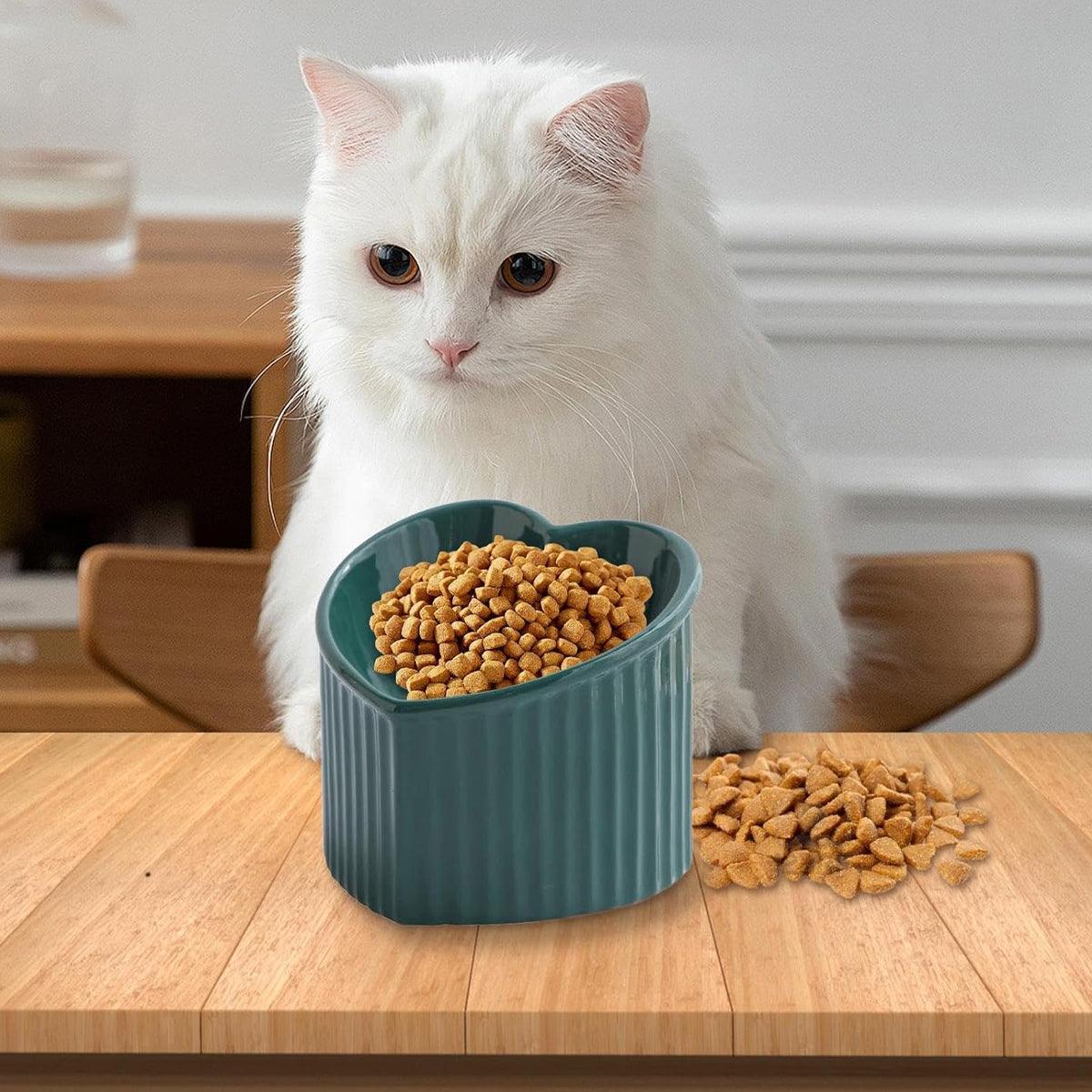 Love Shape Slanted Cat Bowl Ceramic Pet Bowl for Cats Food Water Feeding Dish - Green