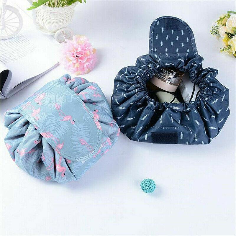 Portable Travel Makeup Bag Drawstring Cosmetic Pouch Lazy Storage Organiser Case - Grey Flower