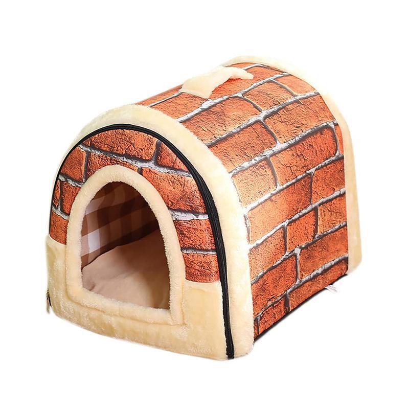 S Size Pet House Kennel Soft Igloo Beds Cave Cat Puppy Bed Warm Cushion Fold - Brown Dots