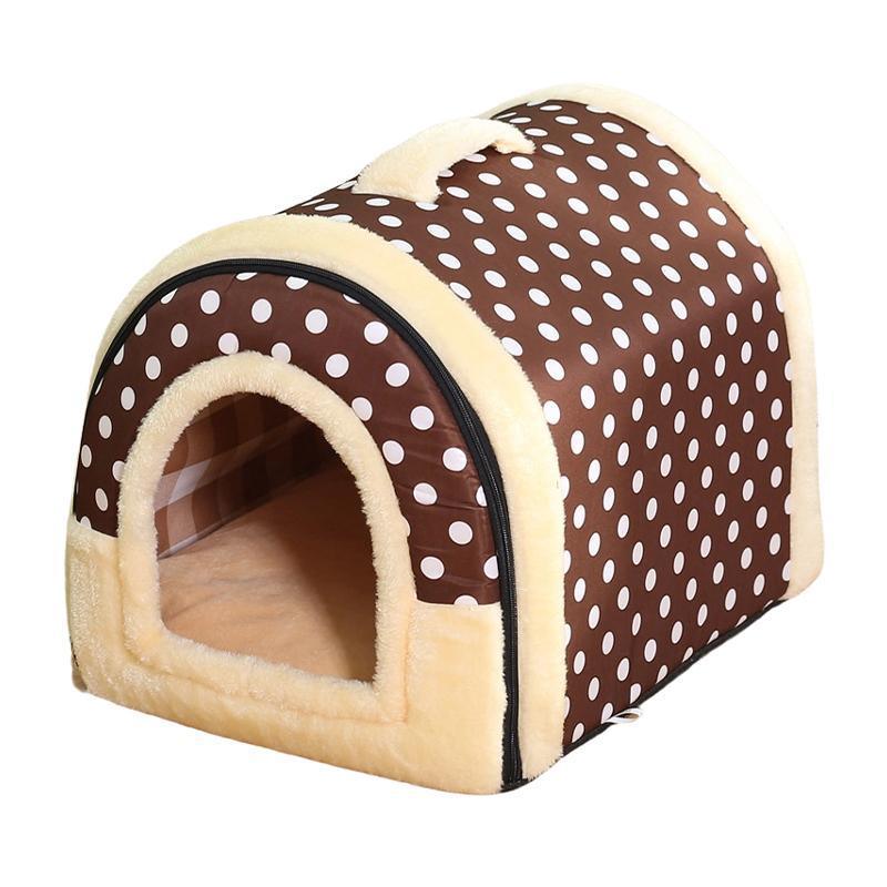 L Size Pet House Kennel Soft Igloo Beds Cave Cat Puppy Bed Warm Cushion Fold - Brown Dots
