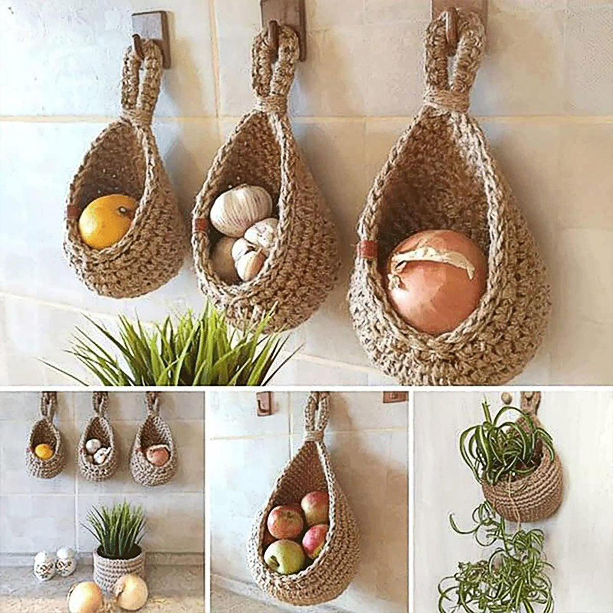 3pcs Boho Hanging Wall Baskets Woven Vegetable Fruit Storage Pouch Kitchen Decor