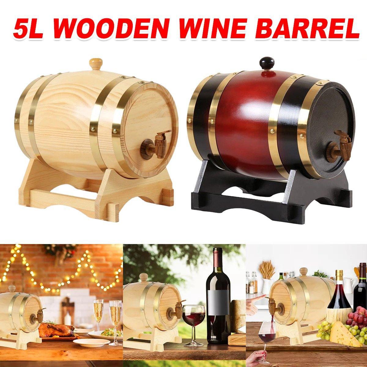 5L Wooden Wine Barrel Whiskey Rum Beer Spirits Storage Brewing Cask Vintage - Red