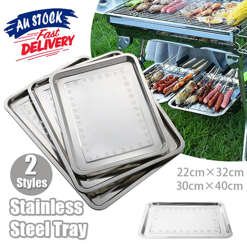 2X Stainless Steel Oblong Tray Plate Serving Tray Silver Dinner Food Kitchenware - 22X32CM