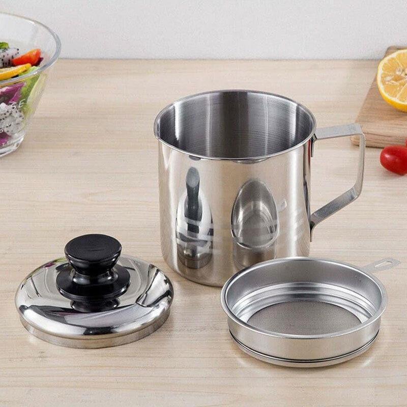 1.8L Stainless Steel Oil Filter Pot with Strainer Lid Grease Separator for Kitchen