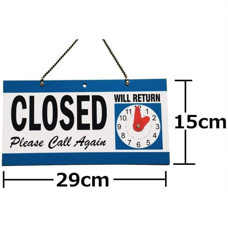 Open Closed Sign with Will Return Clock for Business Shops and Home Use 29x15cm