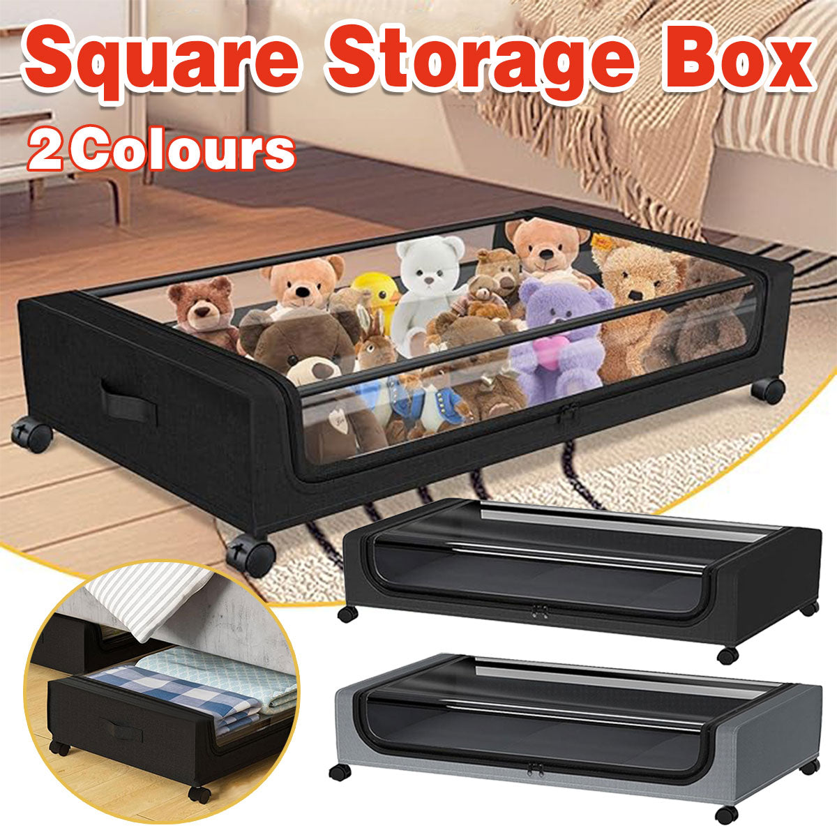 Under Bed Storage Rack Square Design with Wheels Rolling Trolley Box for Home - Black