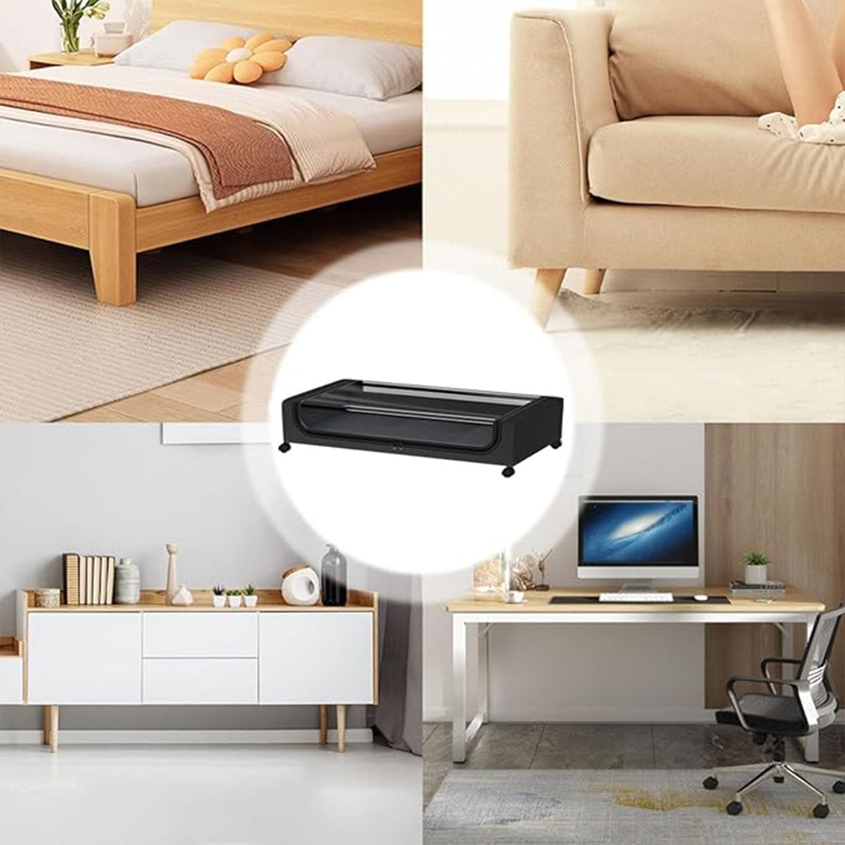 Under Bed Storage Rack Square Design with Wheels Rolling Trolley Box for Home - Black