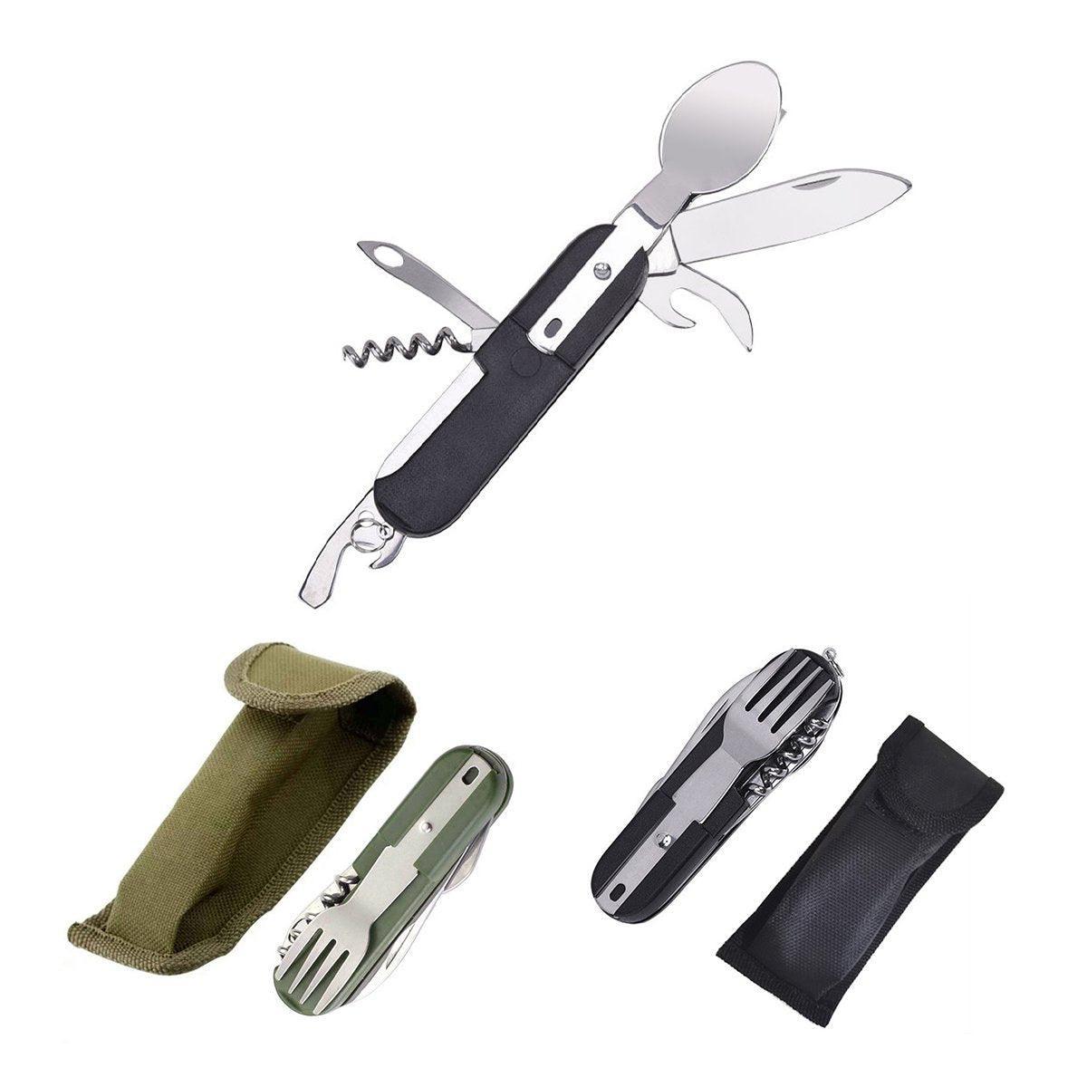 6in1 Portable Folding Knife Fork Spoon Set Outdoor Multi Functional Tableware - Black