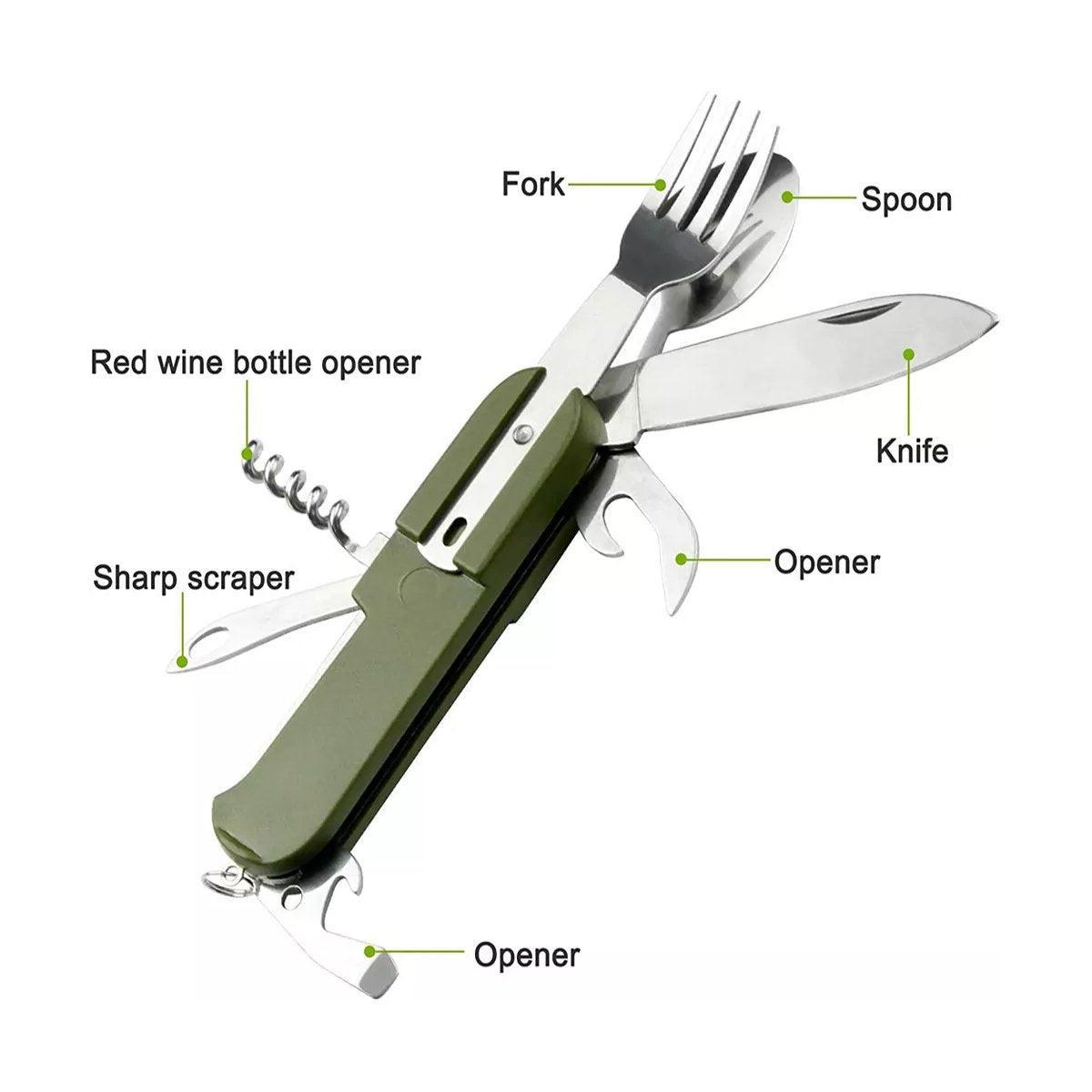 6in1 Portable Folding Knife Fork Spoon Set Outdoor Multi Functional Tableware - Black