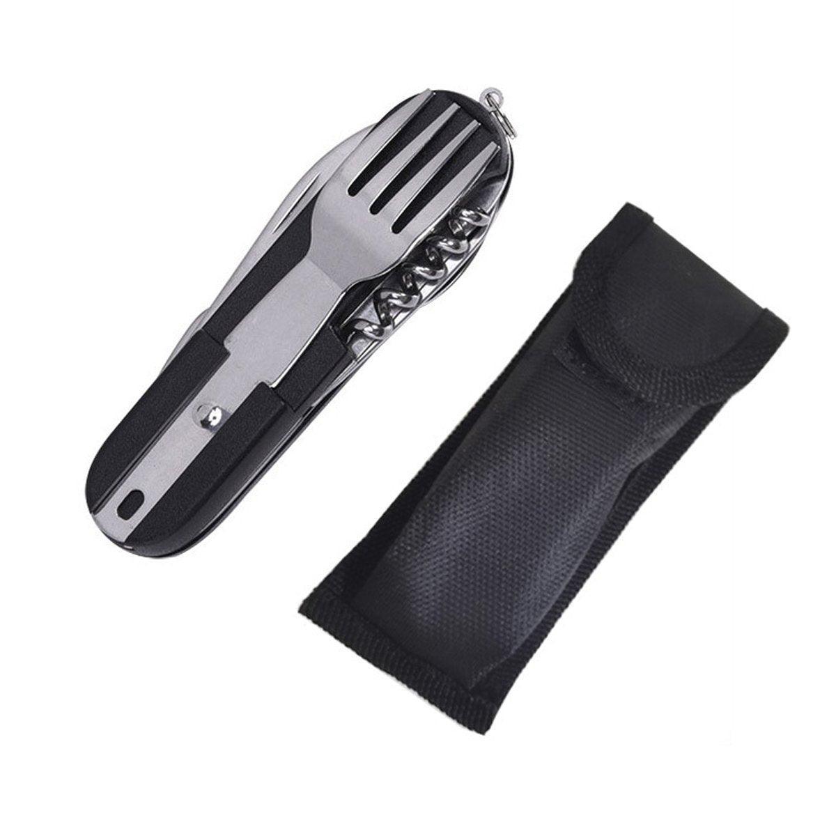 6in1 Portable Folding Knife Fork Spoon Set Outdoor Multi Functional Tableware - Black