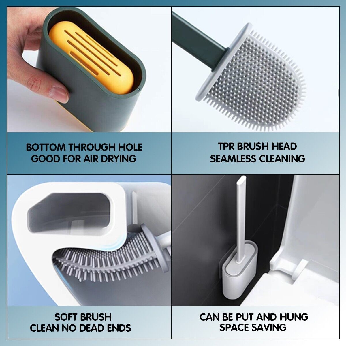 TPR Toilet Brush Set Silicone-Like Head with Holder Wall Mounted Detachable Handle - White * 1 Unit