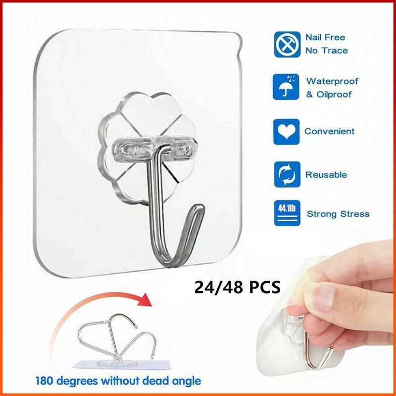 24-48Pcs Clear Seamless Adhesive Hook Strong Stick Wall Hook Load Kitchen Hanger - 24 PCS