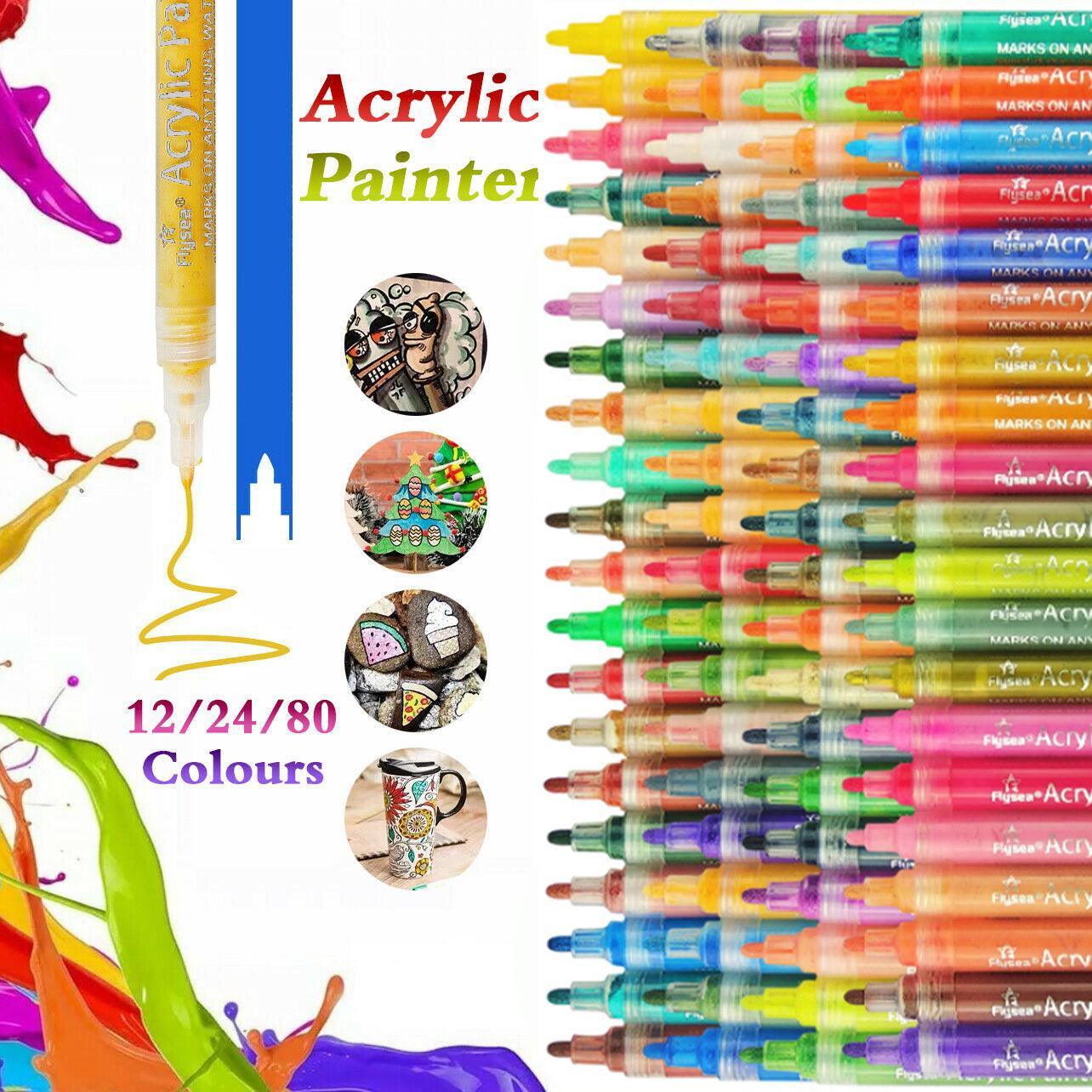 Flysea 12-80 Colours Acrylic Paint Pens Painting Stone Ceramic Glass Markers 0.7 - 80-Colour Set