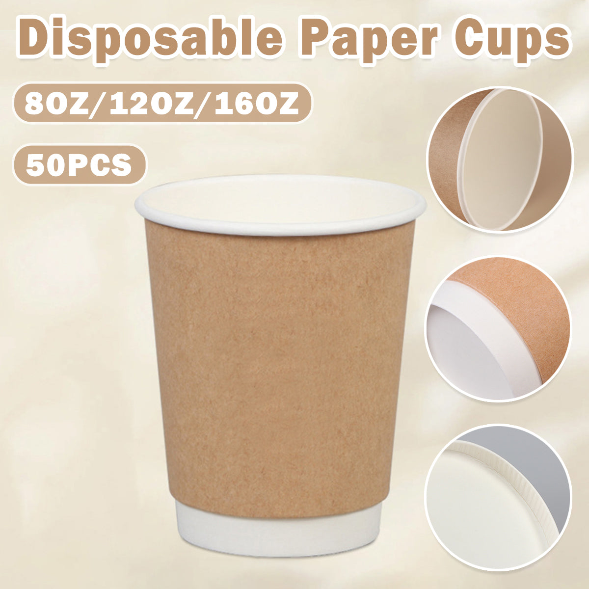 50pcs Disposable Coffee Paper Cups Hot Drink Cups 8/12/16oz for Beverage Use - 8 oz