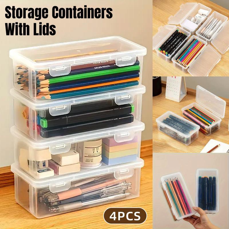 Transparent Stationery Organiser Box with Lid Pencil Pen Case Holder 4pcs Set