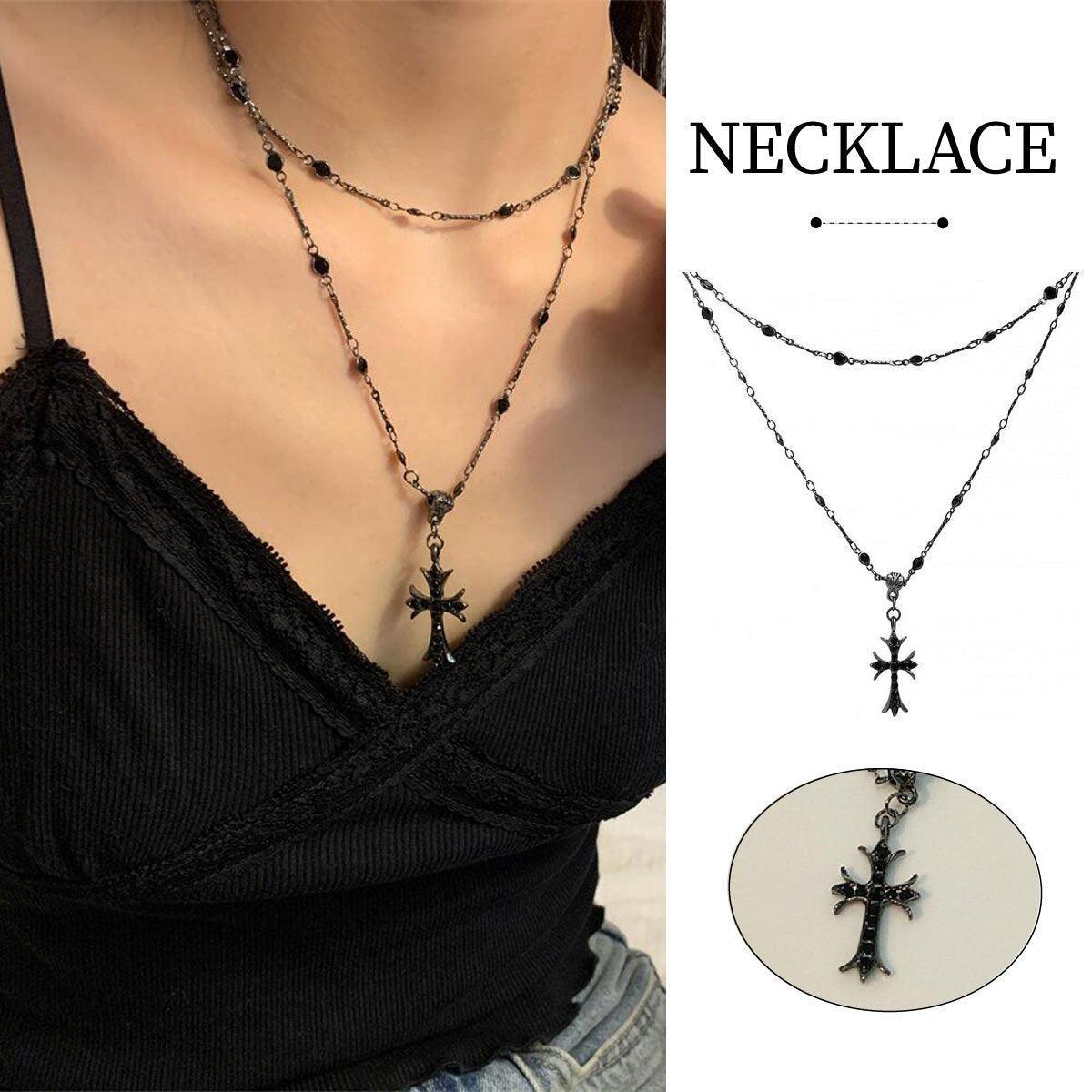 Women Fashion Double Layer Cross Pendant Necklace Retro Casual Sweater Chain