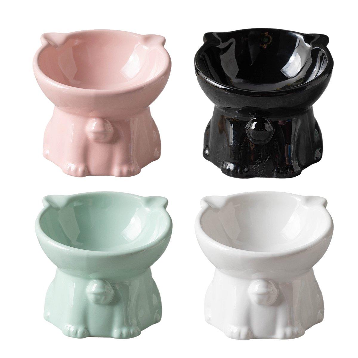 Ceramic Cat Bowl Cute Tall Raised Cat Food Bowl for Pets Eating Comfortably - White