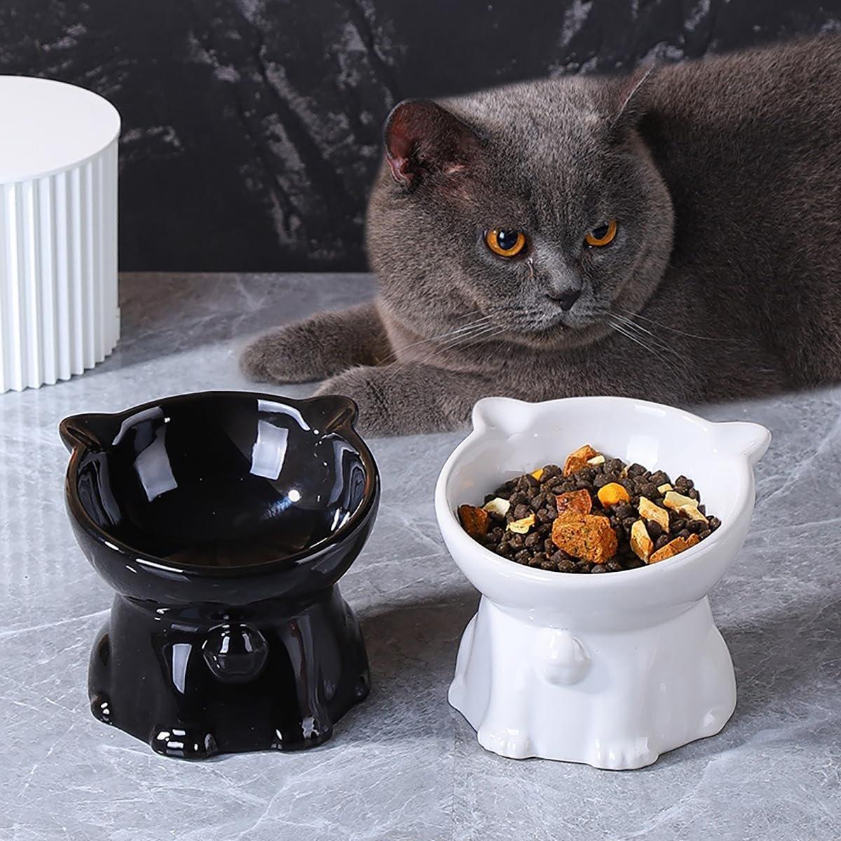 Ceramic Cat Bowl Cute Tall Raised Cat Food Bowl for Pets Eating Comfortably - White