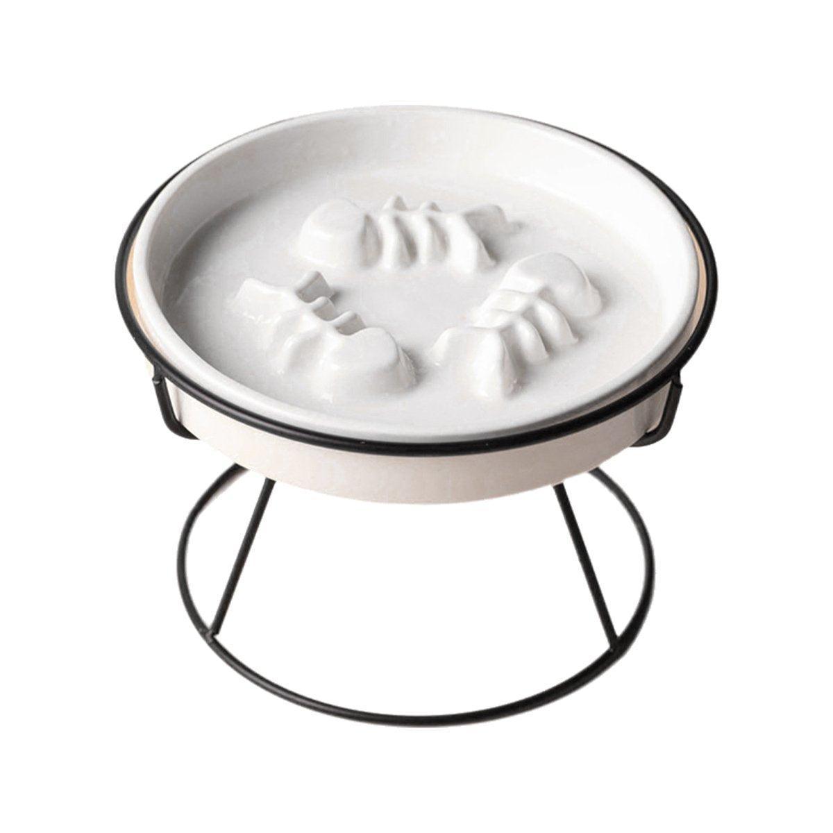 Ceramic Cat Bowl Slow Feeder Pet Food Tray for Cats and Dogs Non Slip Design - Black Bowl-Black Tray Rack