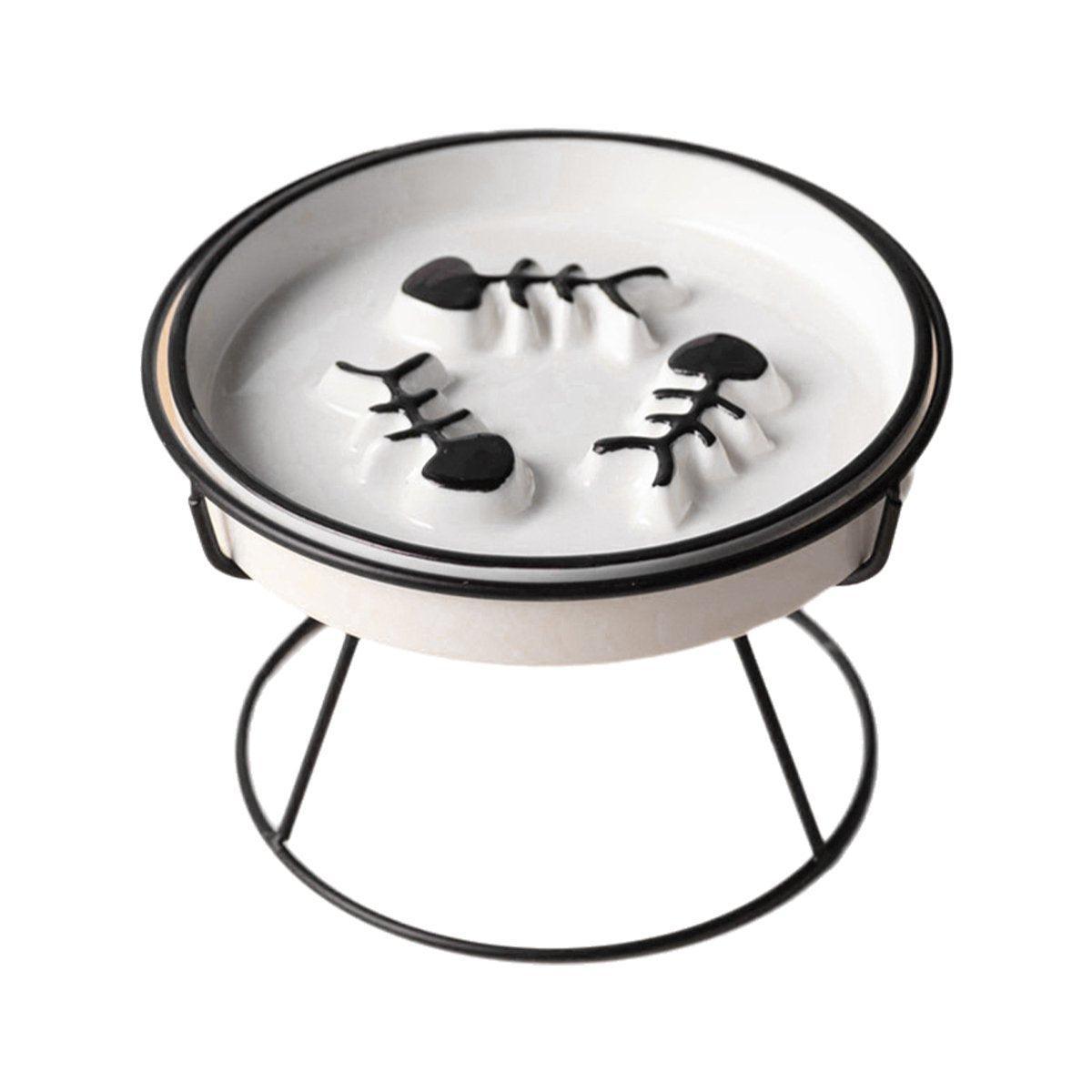 Ceramic Cat Bowl Slow Feeder Pet Food Tray for Cats and Dogs Non Slip Design - Black Bowl-Black Tray Rack