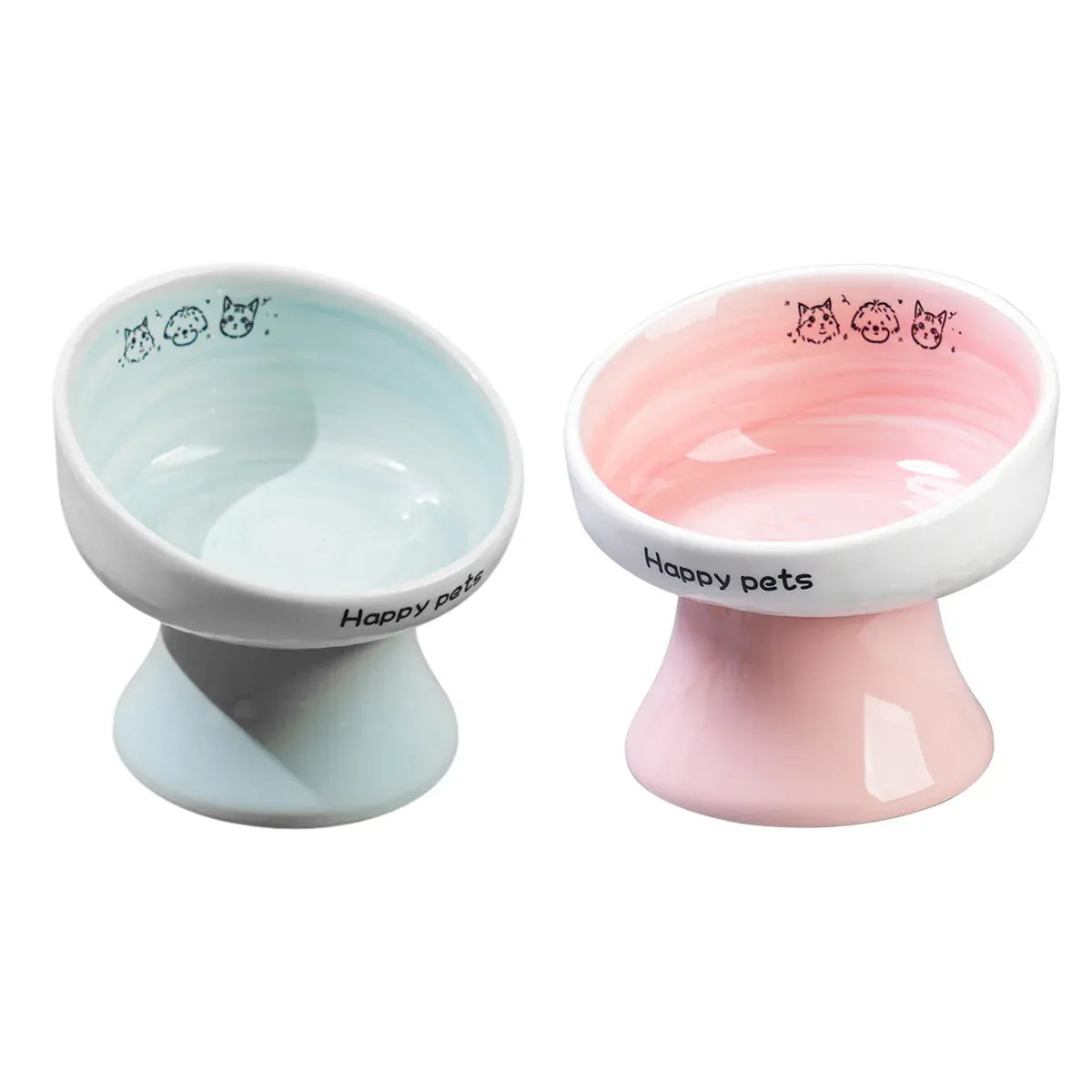 Tall Raised Ceramic Pet Bowl for Cats and Small Dogs in Blue or Pink - Blue