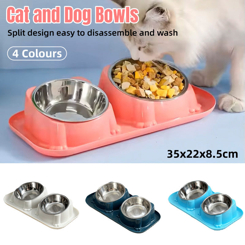 Cat Dog Food Bowl Double Slanted Mouth Feeding Water Dish Raised Pet Bowl Stand - Dark Blue