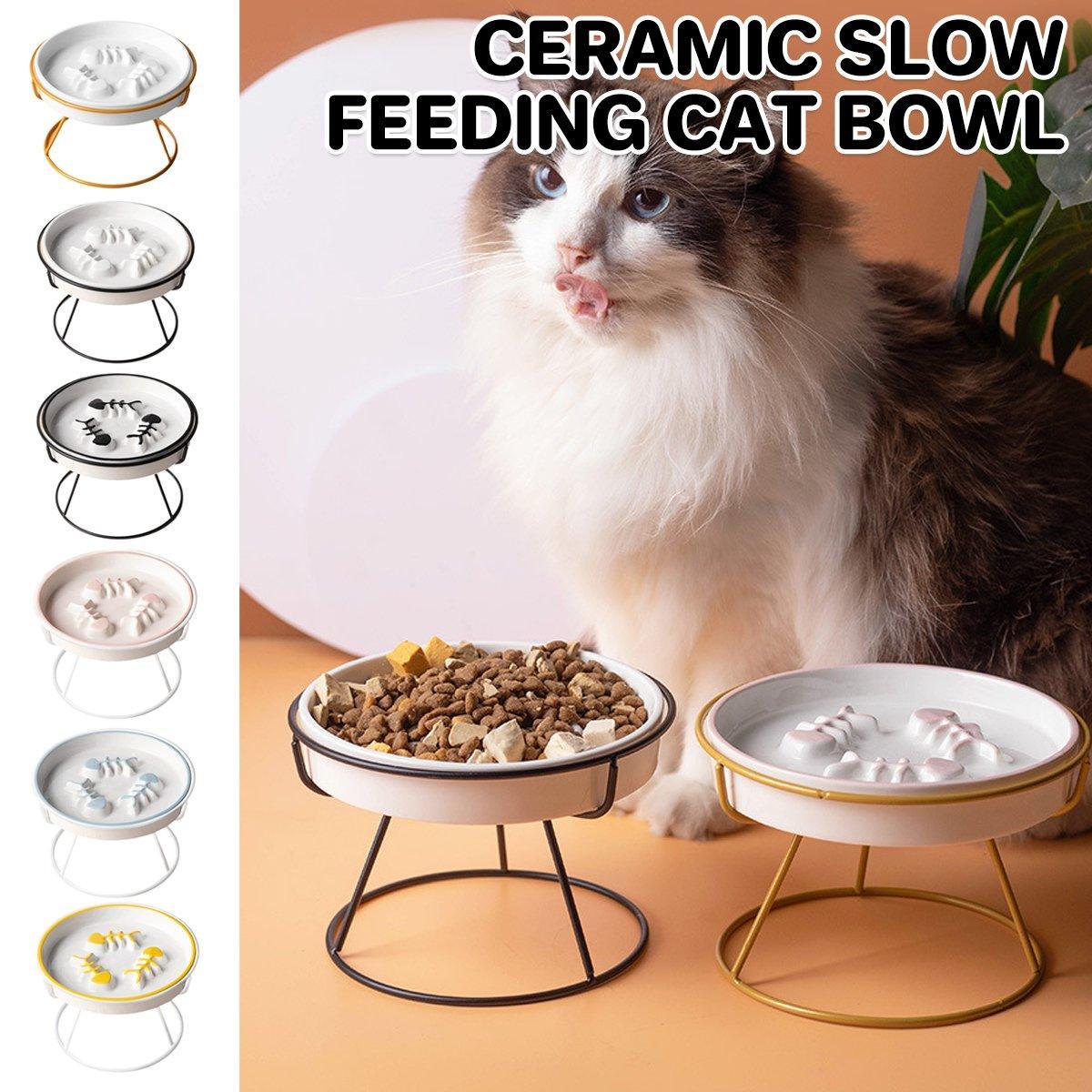 Ceramic Cat Bowl Slow Feeder Pet Food Tray for Cats and Dogs Non Slip Design - White Bowl-Gold Tray Rack