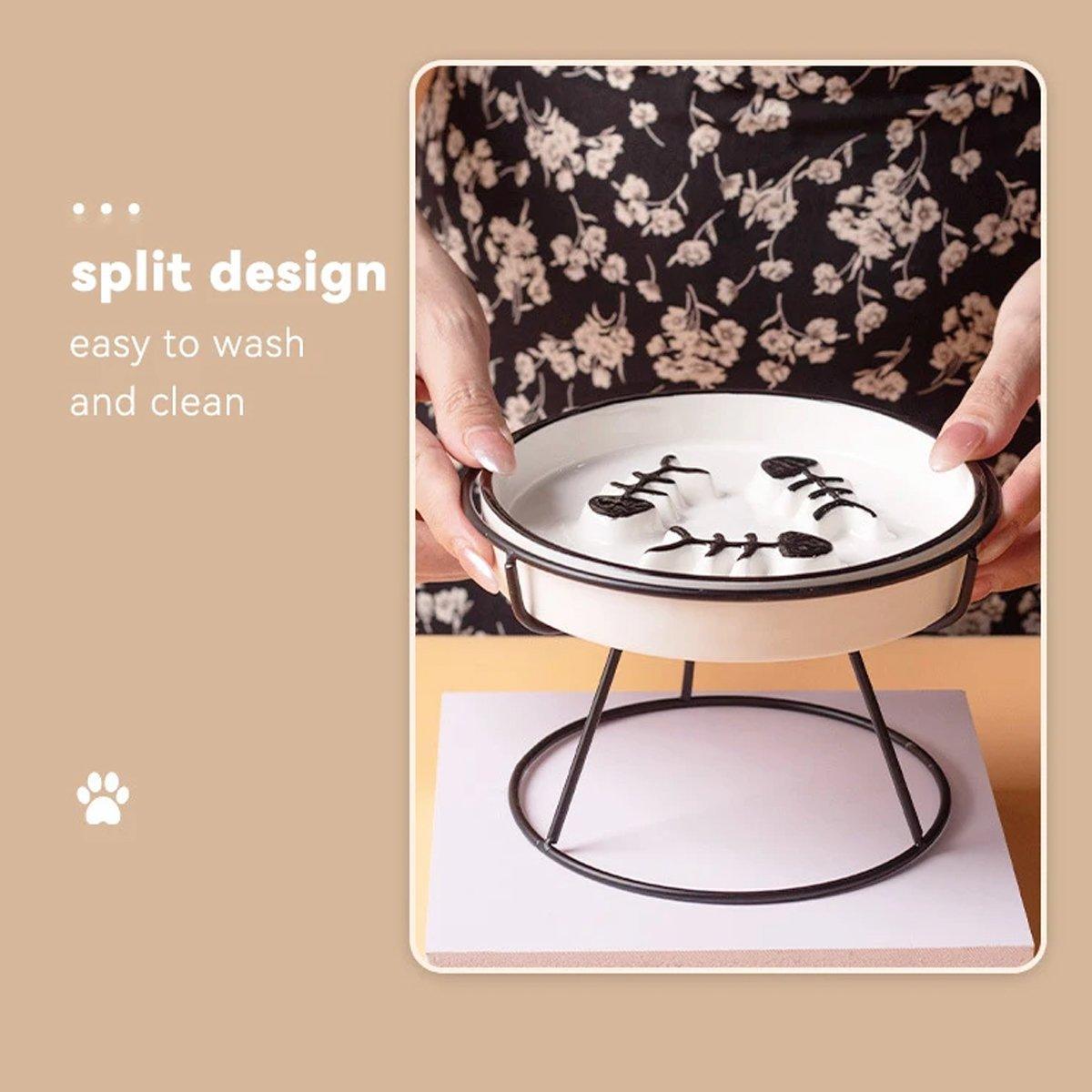 Ceramic Cat Bowl Slow Feeder Pet Food Tray for Cats and Dogs Non Slip Design - White Bowl-Gold Tray Rack