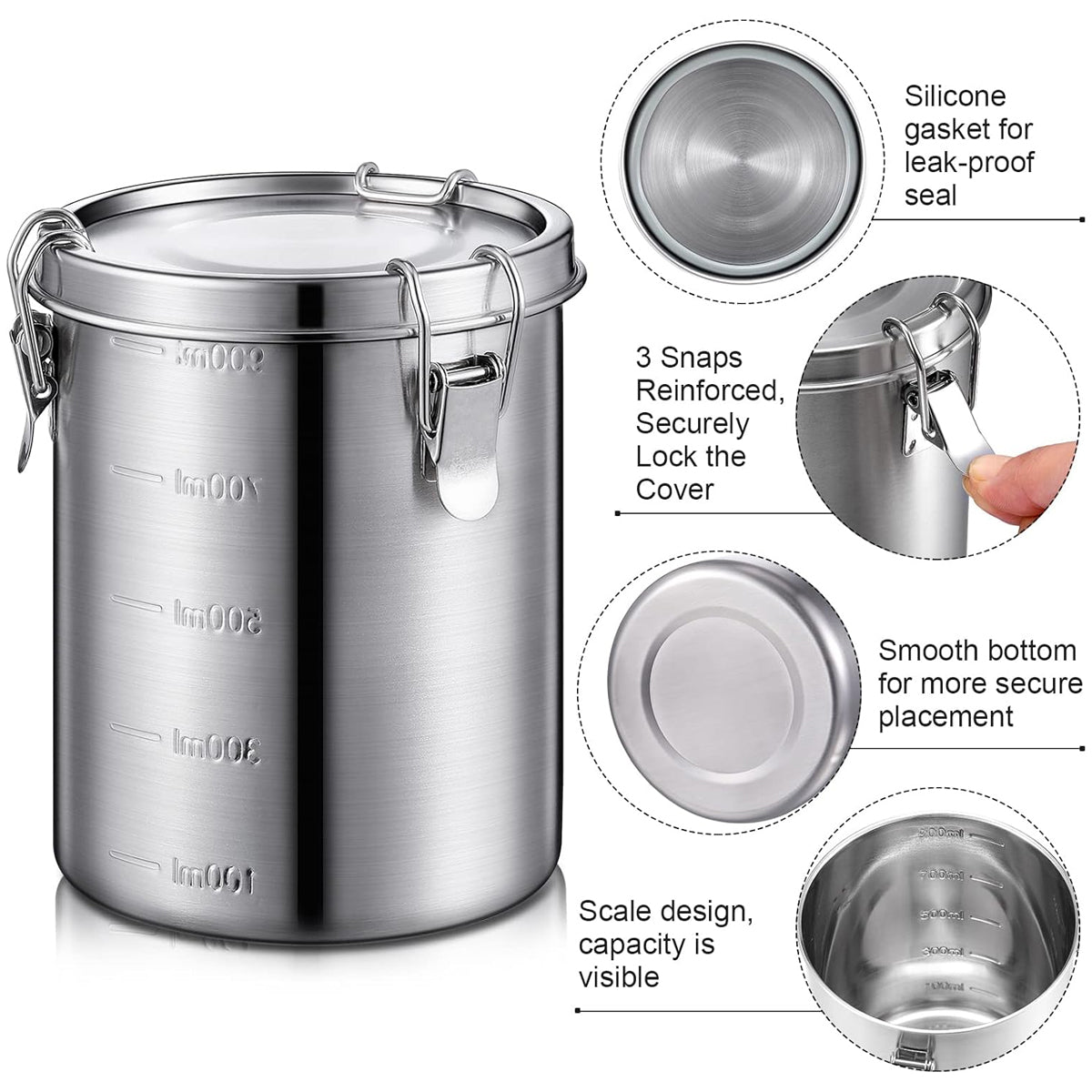Stainless Steel Pet Food Storage Bucket Dog Cat Grain Container Bin Kitchen - 1000ml