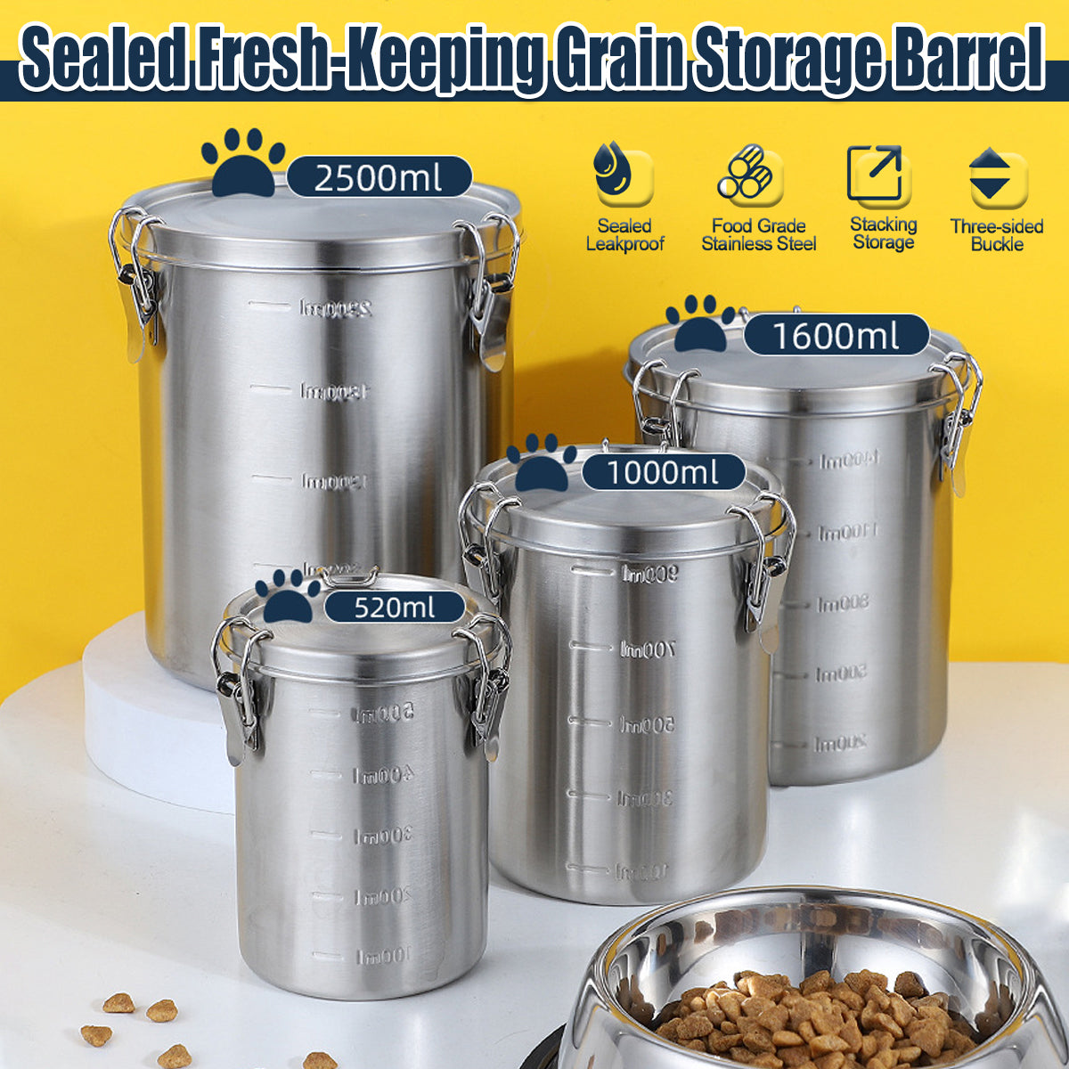 Stainless Steel Pet Food Storage Bucket Dog Cat Grain Container Bin Kitchen - 2500ml