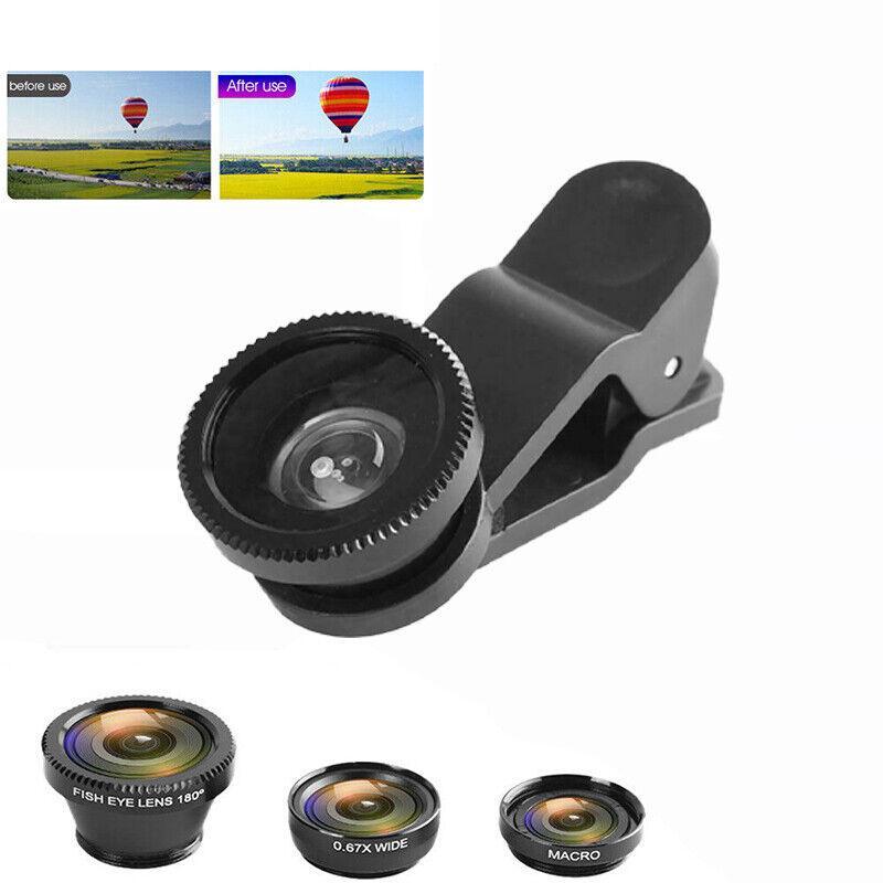 Wide Angle Macro Fisheye Phone Camera Lens Kit For Iphone Samsung Black