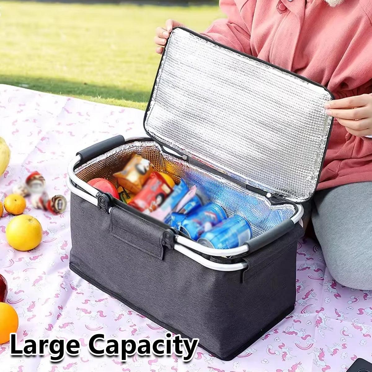 Folding Picnic Basket Insulated Cooler Bag Portable Outdoor Grocery Storage - Black