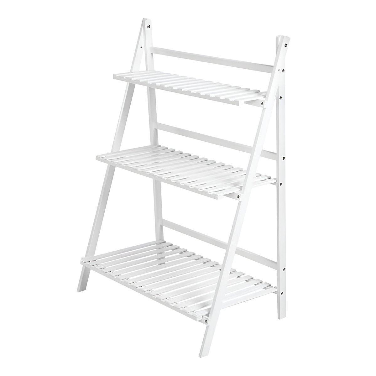 Balcony Plant Stand 3-Layer Wooden Flower Pot Corner Stand White Log Foldable - White