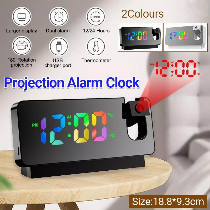 LED Digital Smart Alarm Clock Projection Temperature Time Projector LCD Display - Black