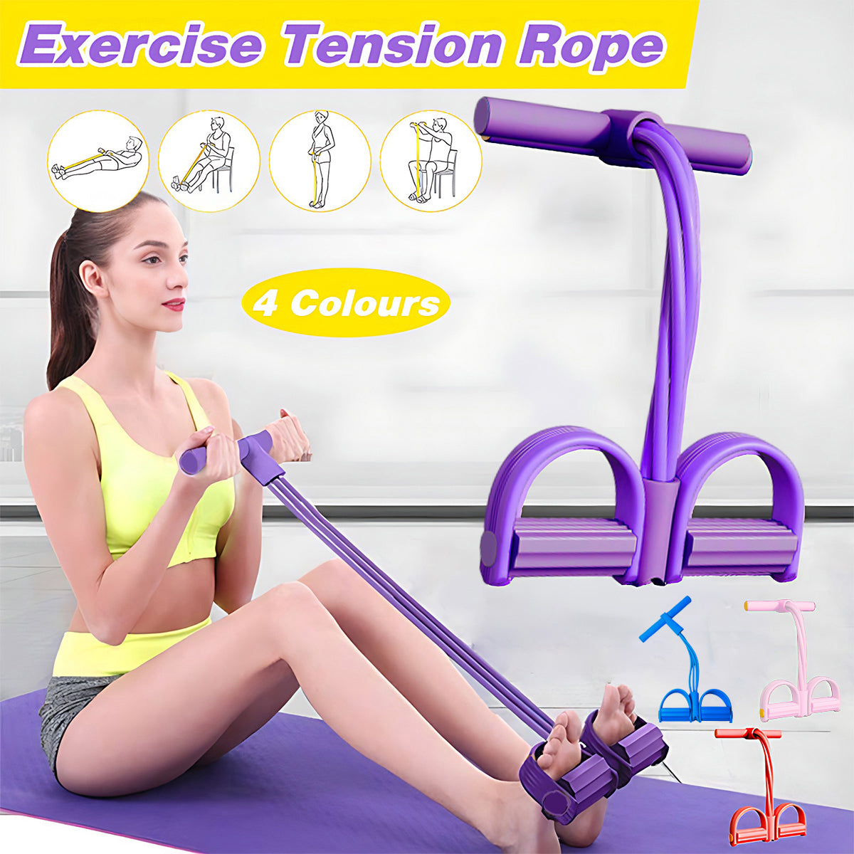 Multi-Function Exercise Tension Rope Foot Pedal Resistance Fitness Pull Bands - Pink