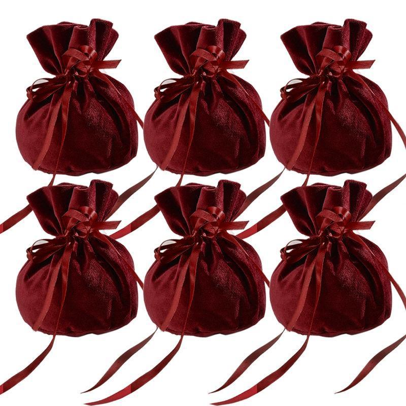6PCS Velvet Cloth Drawstring Bags Gift Bag Jewelry Ring Pouch Earring Favor - Wine Red-6PCS