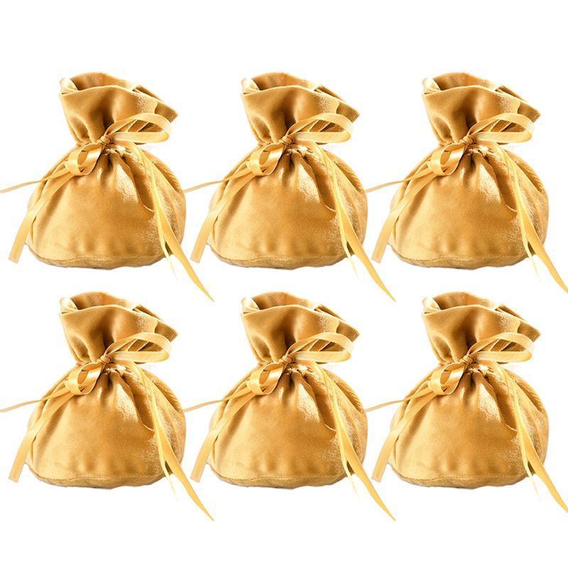 6PCS Velvet Cloth Drawstring Bags Gift Bag Jewelry Ring Pouch Earring Favor - Yellow-6PCS