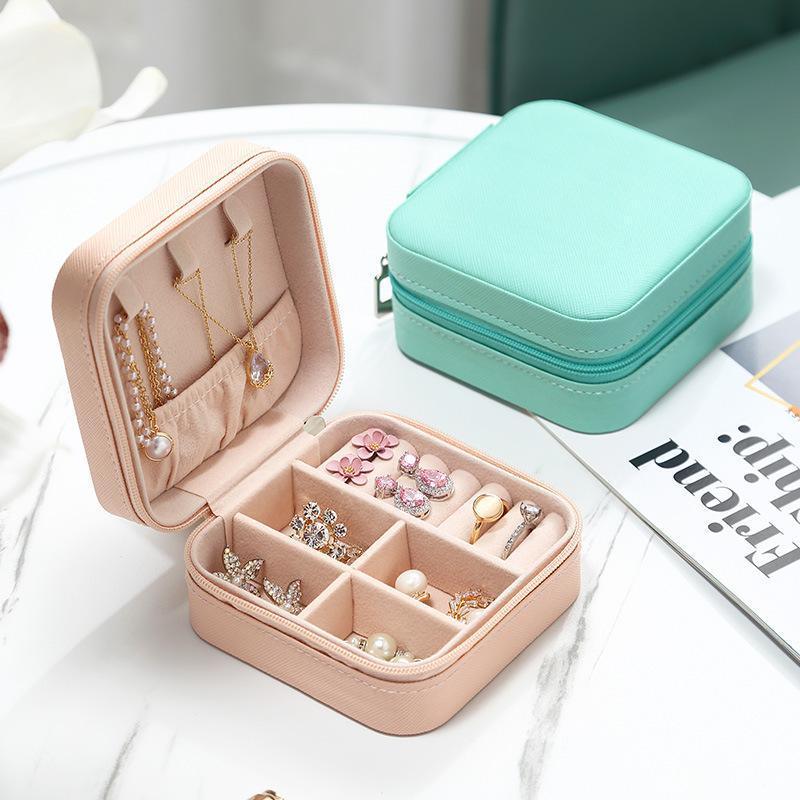 Travel Jewelry Organizer Box Portable Leather Storage Ornaments Ring Earrings - Beige (10x10x5cm)