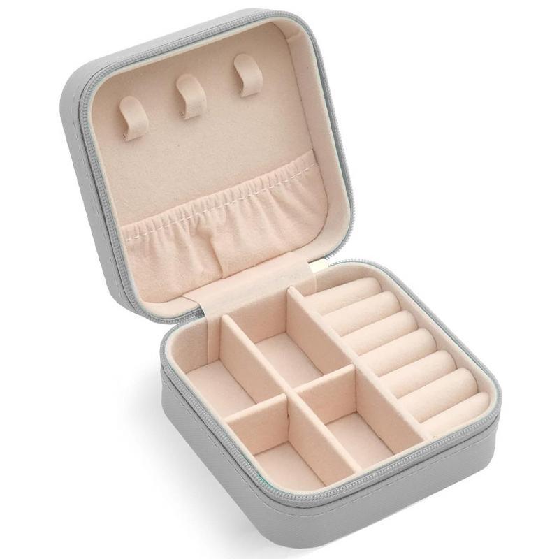 Travel Jewelry Organizer Box Portable Leather Storage Ornaments Ring Earrings - Beige (10x10x5cm)