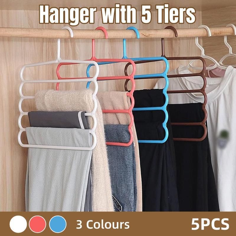 5pcs 5 Tier Trouser Rack Multifunctional Hanging Wardrobe Scarf Tie Hanger Set - Pink