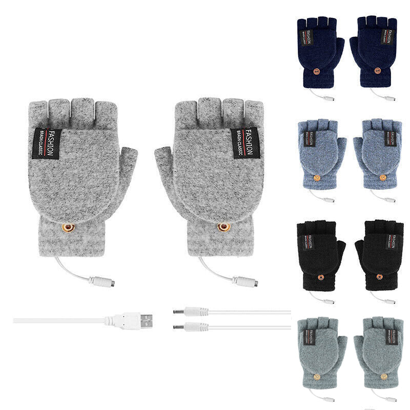 USB Heated Half Finger Gloves Winter Warm Knitted Gloves for Typing and Office Use - Grey
