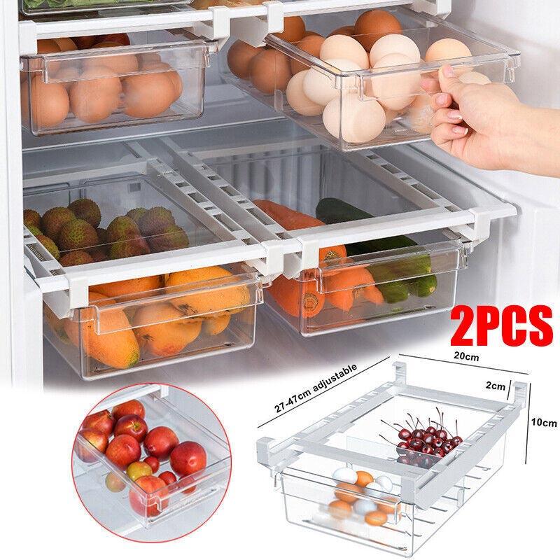 2PCS Adjustable Fridge Drawer Storage Box Under Shelf Refrigerator Organizer