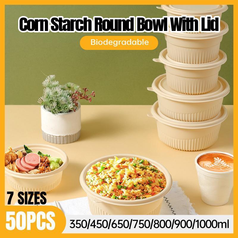 50PCS Biodegradable Corn Starch Lunch Box Round Takeout Containers Eco Friendly - 750ml