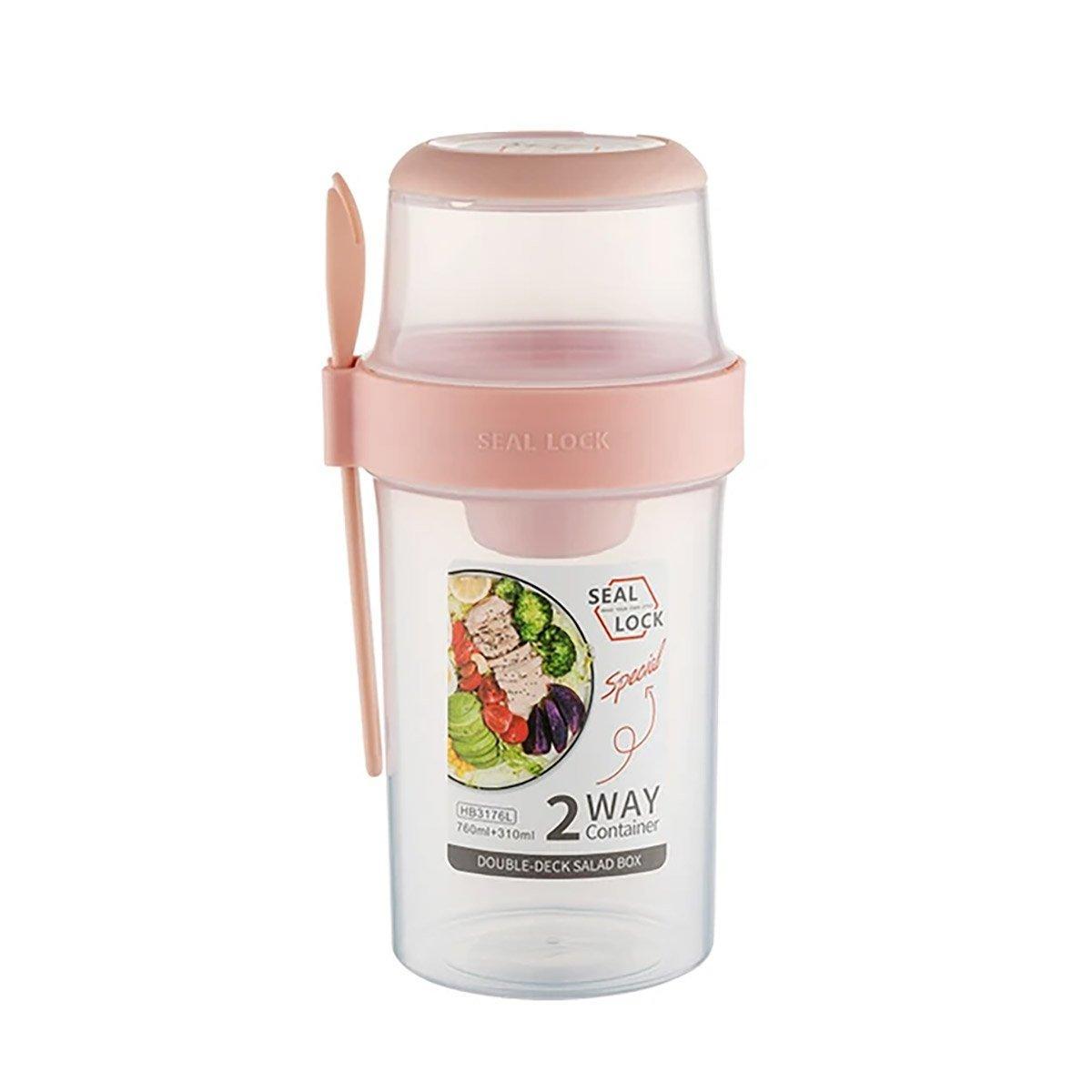 Double Plastic Salad Cup with Fork Sealed Breakfast Container for On-the-Go Meal - 560ml-Pink