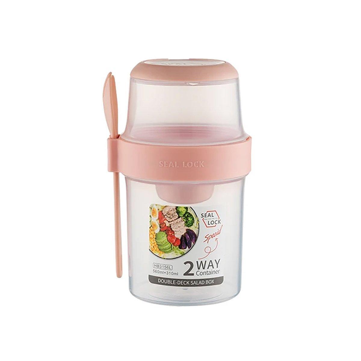 Double Plastic Salad Cup with Fork Sealed Breakfast Container for On-the-Go Meal - 560ml-Pink