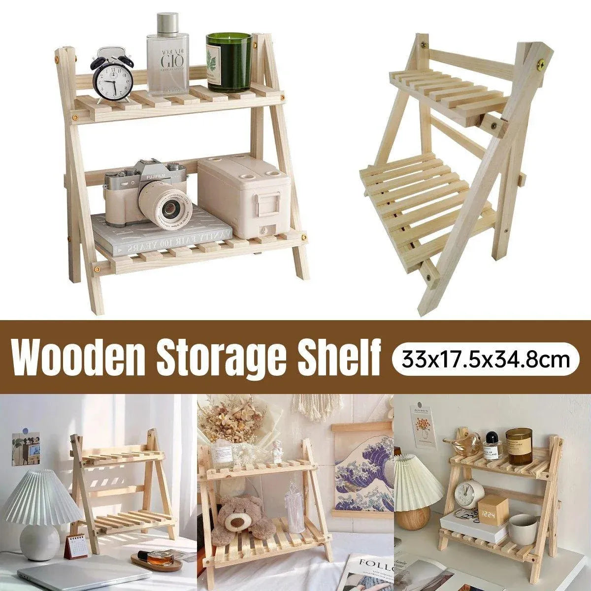 Natural Wood Two-Tier Desktop Shelf