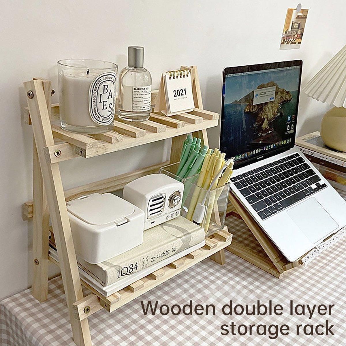 Natural Wood Two-Tier Desktop Shelf