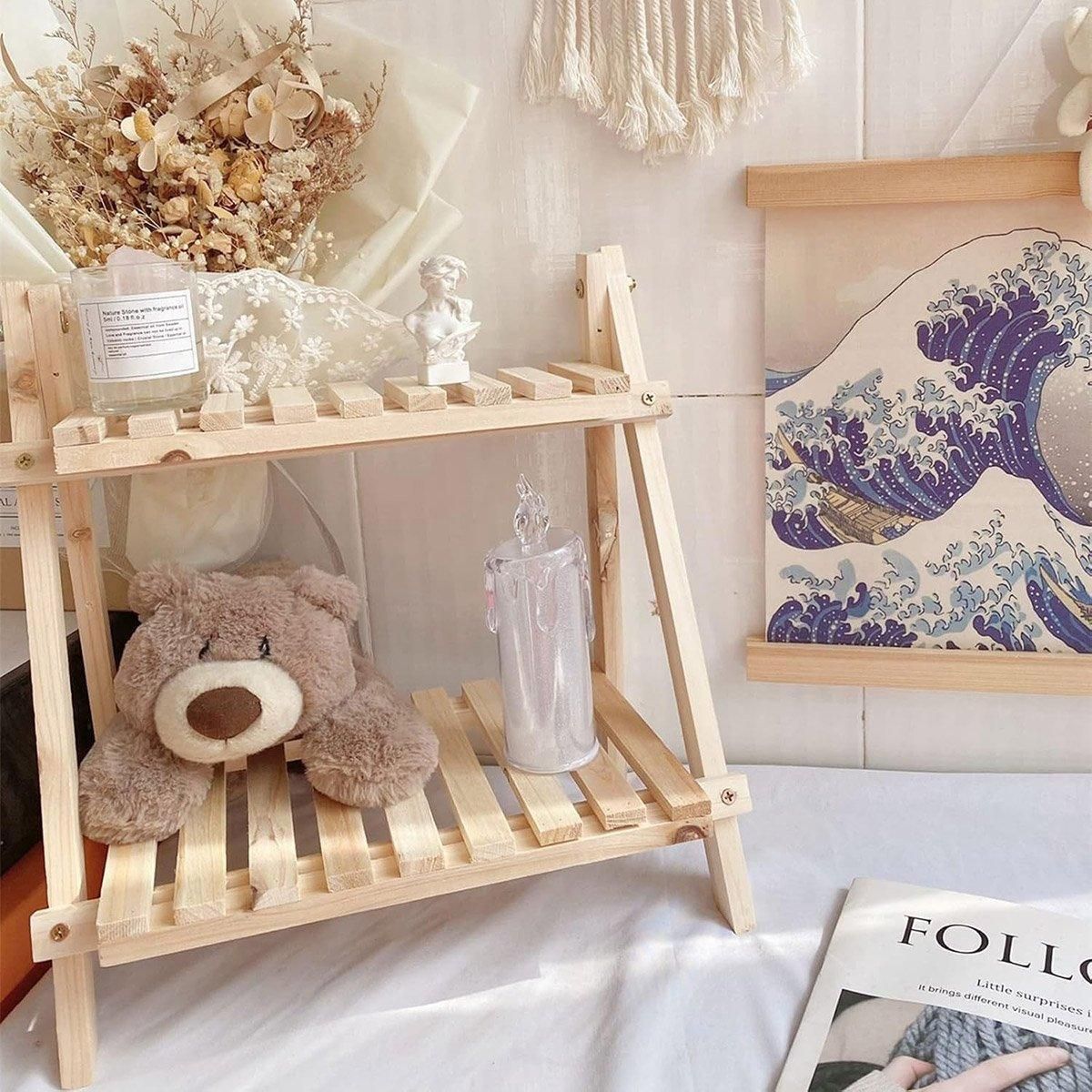 Natural Wood Two-Tier Desktop Shelf