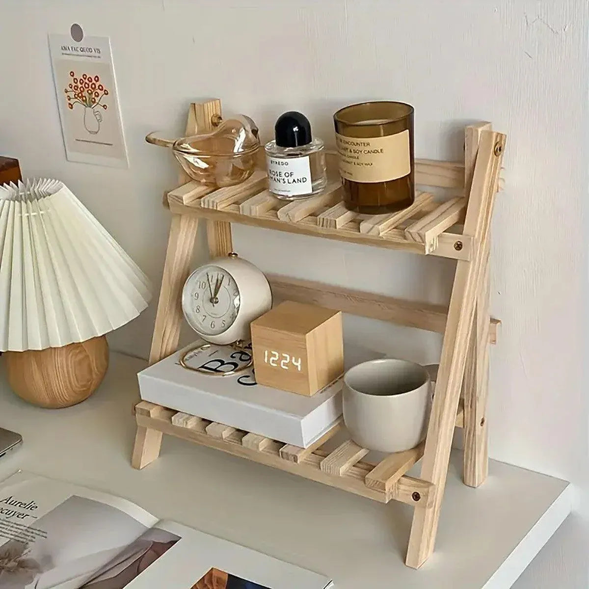 Natural Wood Two-Tier Desktop Shelf