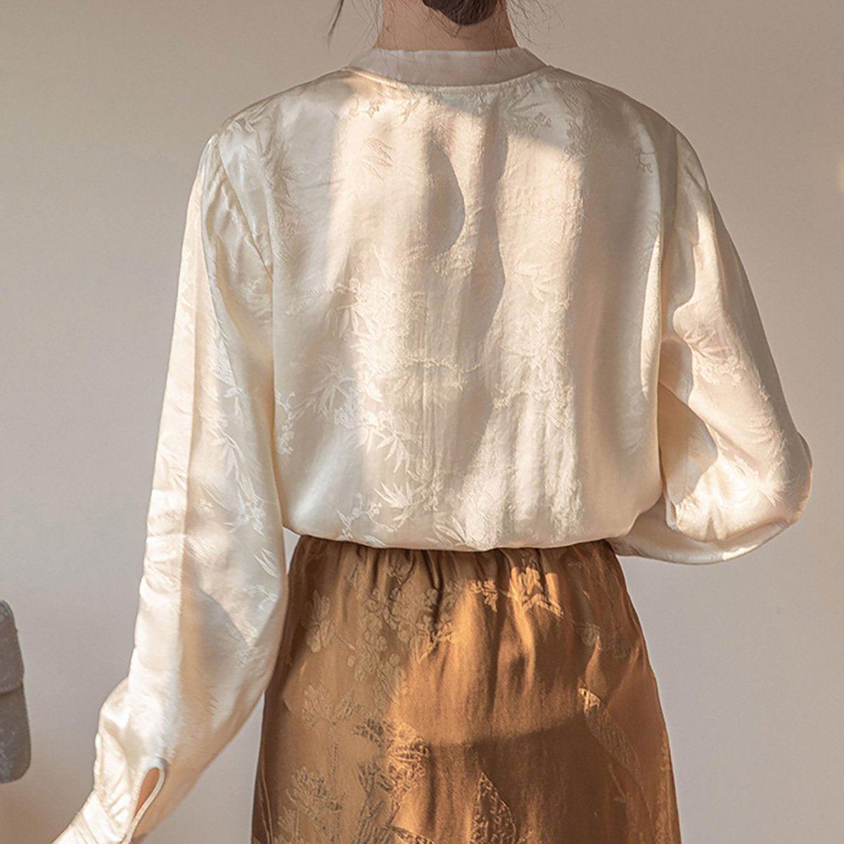 New Chinese Style Womens Top Stand-up Collar Long Sleeve Elegant Fashion Shirt - L